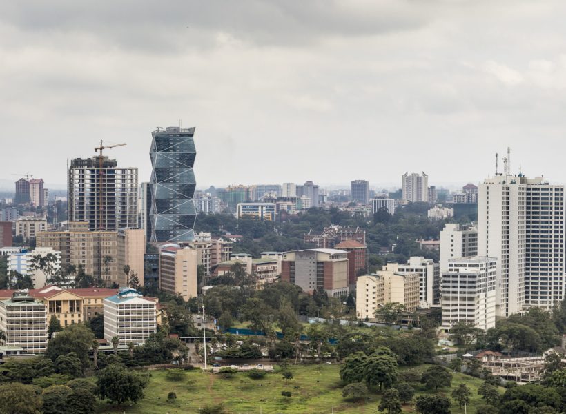 Aerial panorama of downtown Nairobi and the Kilimani area of Nairobi, Kenya.